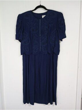 Vintage Plaza South Petites Navy Blue Embellished Dress Button Details Size 12